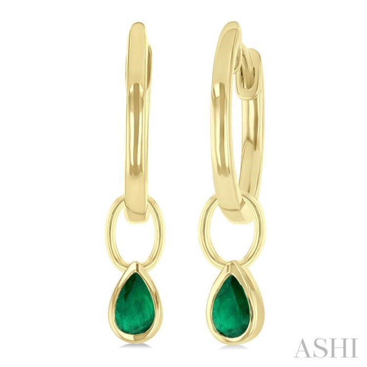 5x3 MM Bezel Set Pear Cut Emerald Precious Fashion Huggie Earrings in 10K Yellow Gold