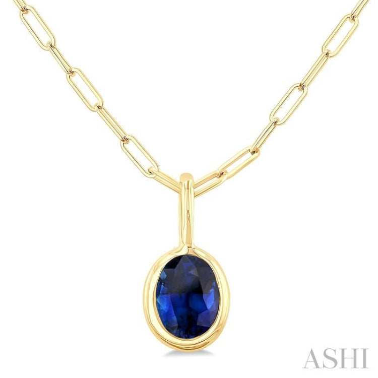 6x4 MM Bezel Set Oval Cut Sapphire Precious Fashion Pendant With Paperclip Chain in 10K Yellow Gold