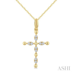 1/20 Ctw Cross Marquise and Ball Bead Motif Round Cut Diamond Fashion Pendant With Chain in 10K Yellow Gold