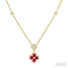 2.4 MM Round Shape Ruby and 1/4 Ctw Clover Round Cut Diamond Station Necklace in 14K Yellow Gold
