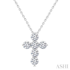 3/4 Ctw Round Cut Diamond Christian Cross 6-Stone Fashion Pendant With Chain in 14K White Gold