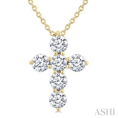 1/2 Ctw Round Cut Diamond Christian Cross 6-Stone Fashion Pendant With Chain in 14K Yellow Gold