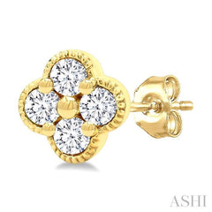 1/5 Ctw Clover Round Cut Diamond Fashion Earrings in 14K Yellow Gold