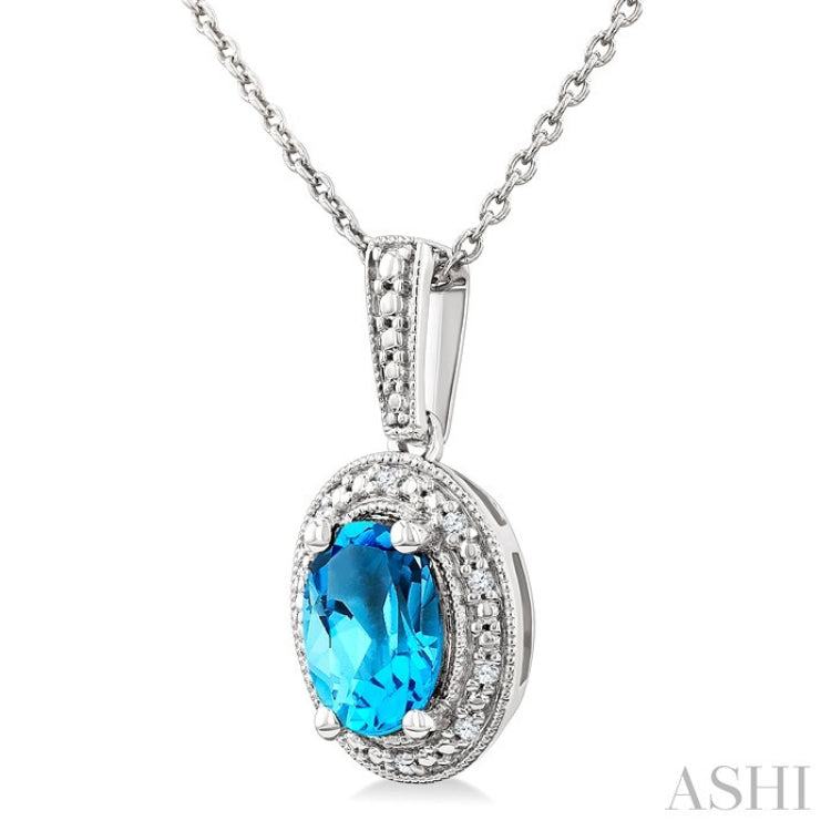 7X5 MM Oval Shape Blue Topaz and 1/50 Ctw Round Cut Diamond Semi-precious Pendant With Chain in Sterling Silver