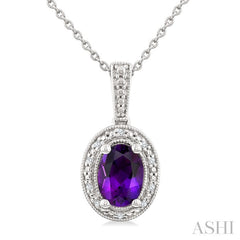 7X5 MM Oval Shape Amethyst and 1/50 Ctw Round Cut Diamond Semi-precious Pendant With Chain in Sterling Silver