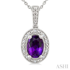 7X5 MM Oval Shape Amethyst and 1/50 Ctw Round Cut Diamond Semi-precious Pendant With Chain in Sterling Silver
