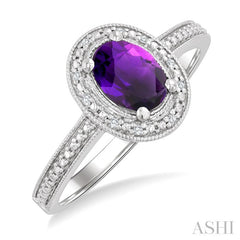 7x5 MM Oval Shape Amethyst and 1/50 Ctw Round Cut Diamond Semi-precious Ring in Sterling Silver